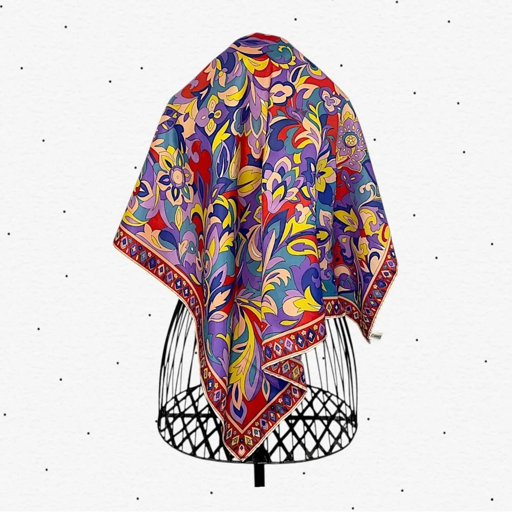 Vintage Vibrant Multicolor Floral Silk Square Scarf